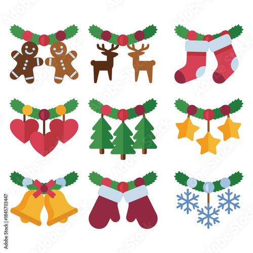 Holiday hanging garland illustration collection with bells mittens stockings snowflakes Christmas flat vector design elements