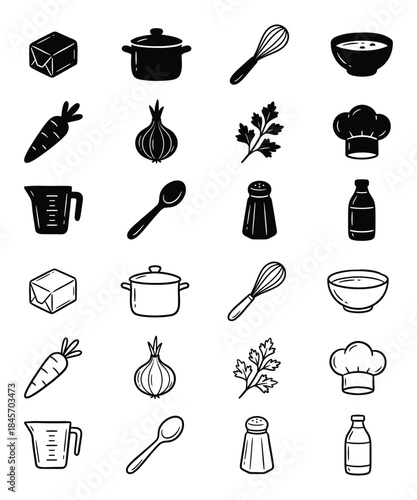 Cooking utensils and kitchen ingredients food vector illustration icons set doodle