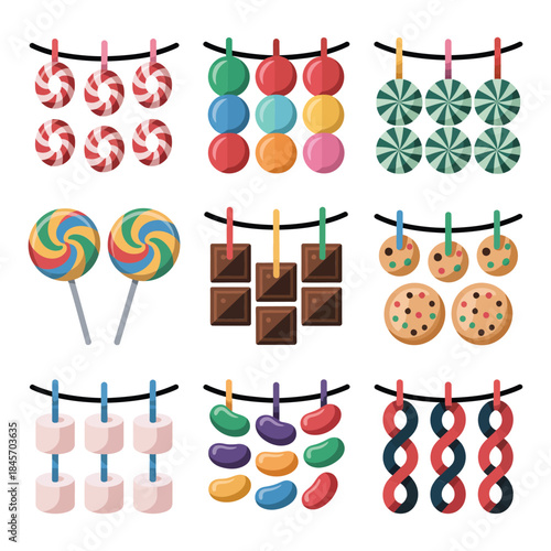 Hanging Christmas candy garland illustration set with sweets cookies chocolates marshmallows colorful festive flat vector elements