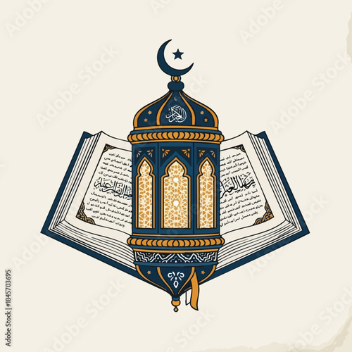 Illustration of an ornate lantern on top of an open book with intricate designs and a crescent moon, against a beige background.