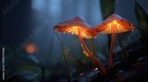 Luminescent fungi illuminated in a mysterious forest. Two mushroom-like forms glow softly amidst the moody surroundings.