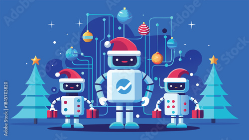 A colorful Christmas card depicting a friendly robot next to a beautifully adorned Christmas tree..eps