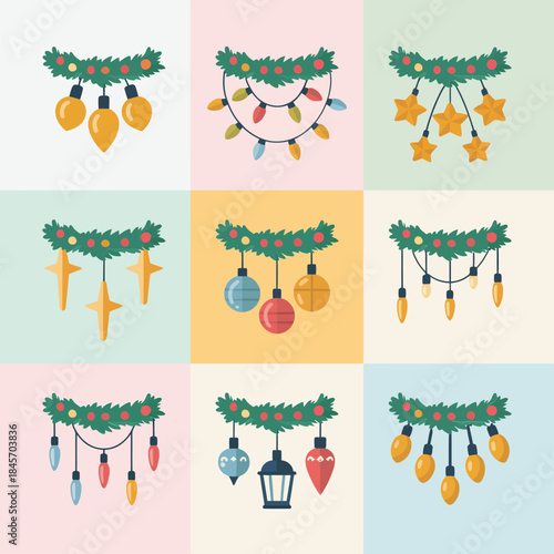 Seasonal holiday garland illustration set with lanterns ornaments lights greenery hanging decorations flat vector collection