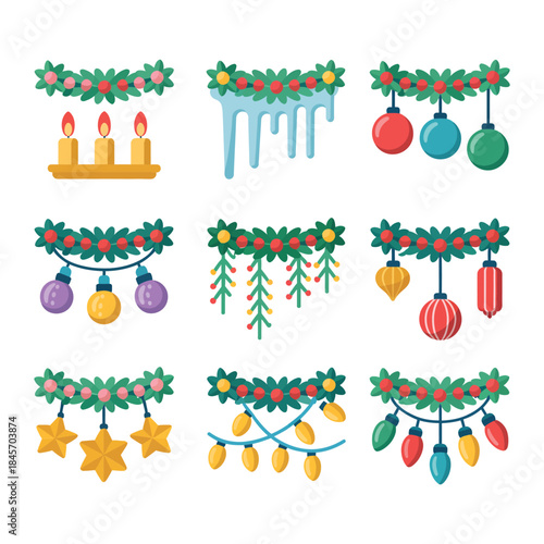Christmas garland illustration set with greenery candles baubles stars hanging decorations festive holiday flat vector design