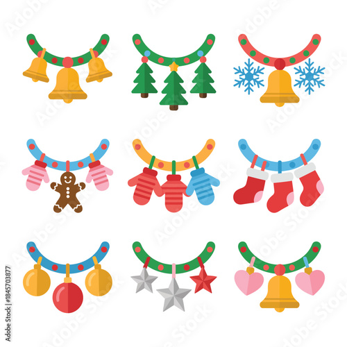 Festive Christmas garland illustration collection with bells trees snowflakes ornaments colorful hanging flat vector decorations