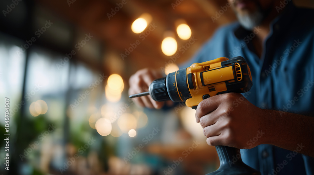 Fototapeta premium Faceless carpenter using drilling tool or electric screwdriver defocused wooden floor background anonymous worker performing home improvement extension ideas representation res