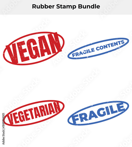 Four Stamps Set Red Vegan, Vegetarian and Blue Fragile Content, Fragile on White