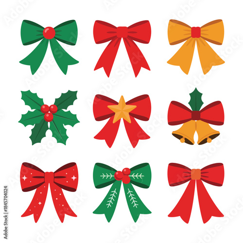 Festive Christmas bow illustration set with ribbon holly bell combinations decorative gift wrapping flat vector elements