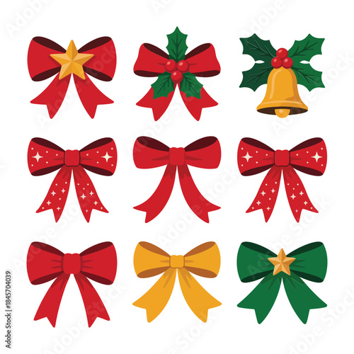 Christmas decorative bow illustration set with ribbon knots holly bell accents festive gift wrapping flat vector collection
