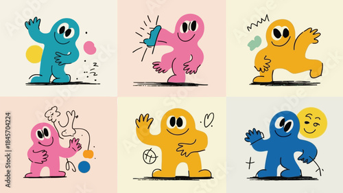 Six playful abstract figures in blue, pink, yellow on colored backgrounds, dancing and having fun in a lively illustration