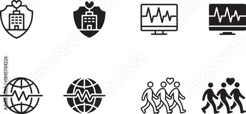 Healthcare and community solidarity icons illustrating global wellbeing and medical monitoring concepts for modern design