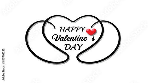 Happy valentine's day written in thin modern script on interconnected hearts with red heart symbol