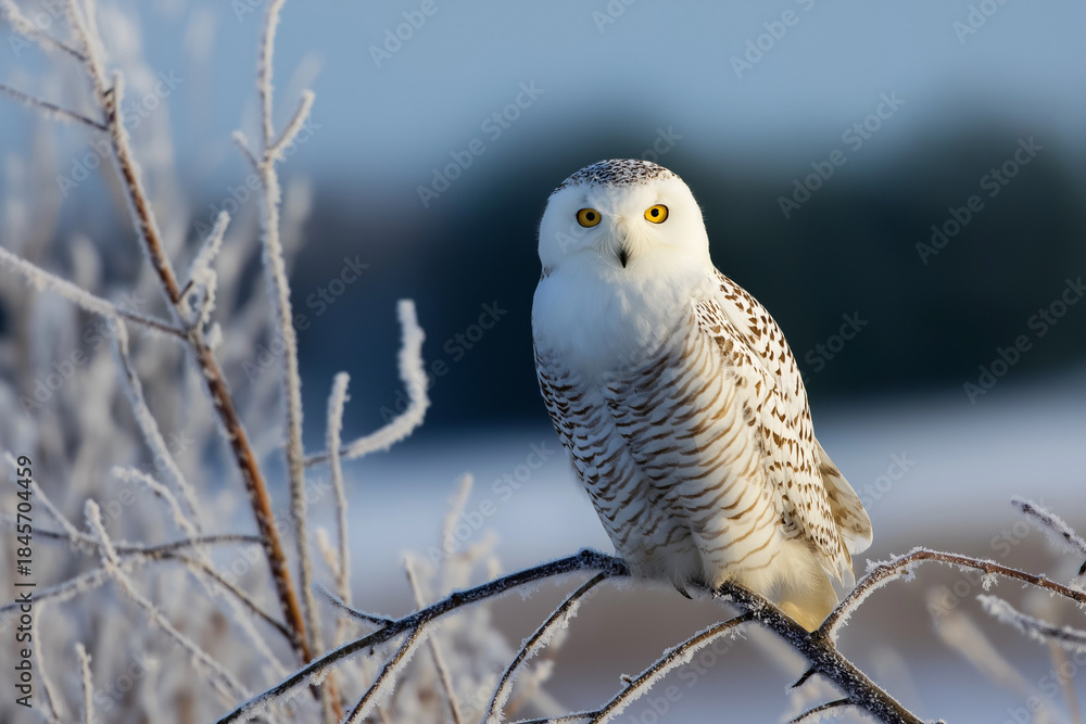 Fototapeta premium A majestic snowy owl sits quietly on a frosty branch, embodying grace and tranquility while highlighting the serene beauty of winter's natural wildlife landscape.
