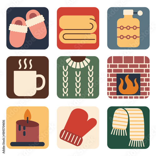 Cozy winter comfort icon illustration set featuring mittens scarf candle fireplace warm holiday flat vector design