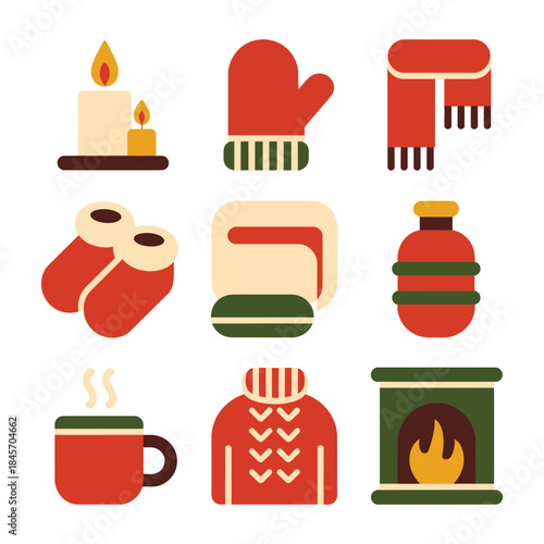 Cozy winter warmth icon illustration set featuring candle mittens scarf socks fireplace drink festive holiday flat vector elements