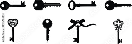Collection of various antique and modern keys on white background
