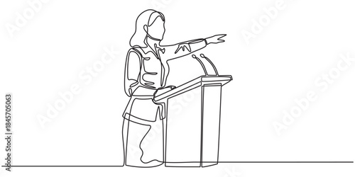 Single one line drawing of Business presentation woman trainer talking microphone vector illustration. Editable outline