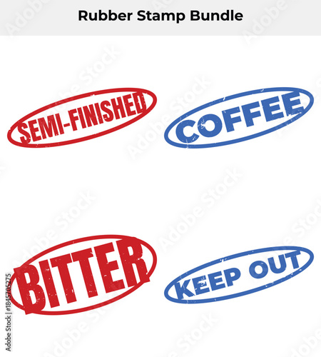 Grunge Stamps Set with Bitter, Coffee, Keep Out, and Semi Finished Words, Isolated
