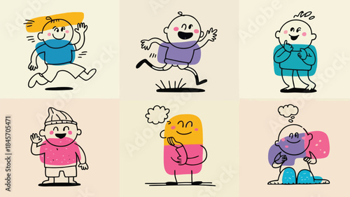 Six cute doodle characters running, jumping, and interacting with pastel background