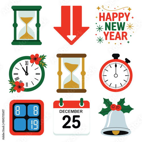 New year countdown and time management illustration set with clocks calendars hourglass bells festive flat vector elements