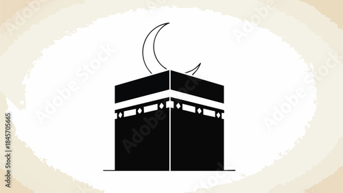 Simple illustration of the Kaaba with a crescent moon on top against a beige background.