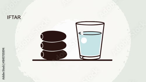 Illustration of dates and a glass of water on a table with a light green background representing Iftar.