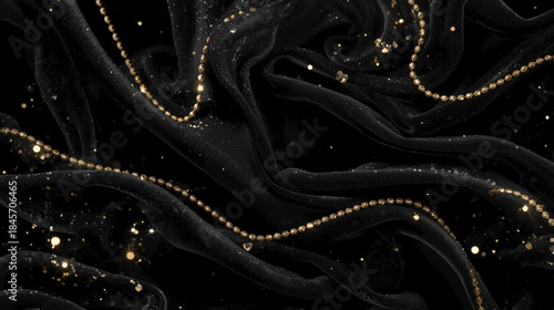 High-Fashion, Luxurious Black Velvet Drapes Background with Cascading Gold Chains and Shimmering Bokeh, Perfect for Valentine's Day or Elegance.
