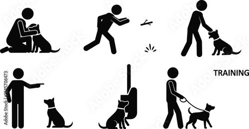 Dog training activity icons showing obedience commands, walking on leash, reward practice, human and pet interaction, animal behavior education, silhouette pictogram set for instruction design