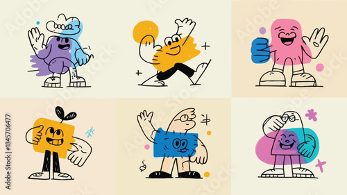 Six modern flat mascot style characters in various poses and colors, isolated on a pastel background with simple shapes and facial expressions