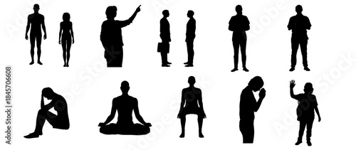 Abstract silhouette collection of male and female figures sitting, standing, and meditating, isolated on white minimalist background.