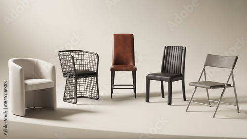 Luxury dining chairs collection in ultra-detailed 8K, elegant fabrics and metals, modern minimalist layout, high-contrast studio lighting, trending furniture visuals