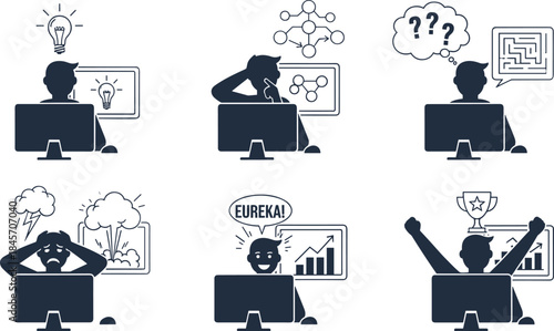 Problem-solving and idea generation icon set, black silhouette illustrations of emotional and cognitive stages at computer desk graphic