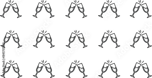 Seamless pattern of black outline champagne glasses clinking together in celebration against a clean white background for parties