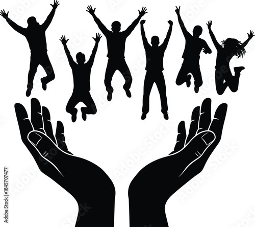 Protective hands supporting joyful people silhouettes jumping together, care and safety concept illustration, community support, protect