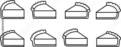 Eight simple black and white outline icons representing various slices of pie arranged in two horizontal rows for food design