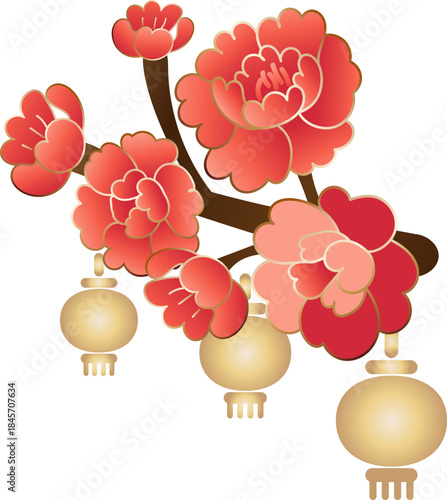Red Plum Blossom Branch With Lanterns
