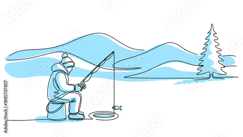 Continuous Line Drawing of a Person Ice Fishing, Minimalist Blue Winter Scene, for Outdoor Recreation Concepts, Cold Weather Activities, Solitary Sport Art, and Winter Leisure Pursuits.