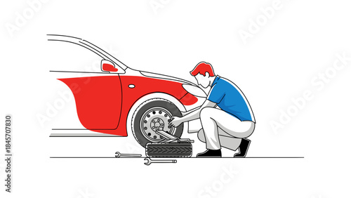 Person changing flat tire on red car, line art illustration for roadside assistance, automotive emergency, DIY car repair, vehicle tire replacement, and wheel change procedure guides,