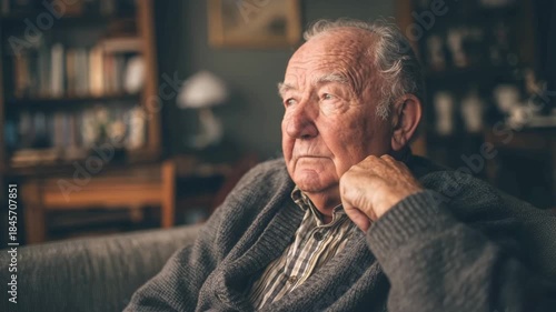 Elderly man resting chin on hand in living room with reflective mood