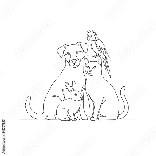 Continuous line art pets illustrating diverse companion animal unity for pet welfare, veterinary branding, pet adoption campaigns, and animal education blogs