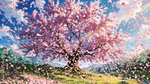 Anime Cherry Blossom Tree in Full Bloom - A Serene Spring Scene.