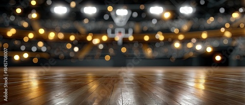Blurred basketball stadium with wooden floor and out-of-focus lights designed for backgrounds, banners, and cinematic projects