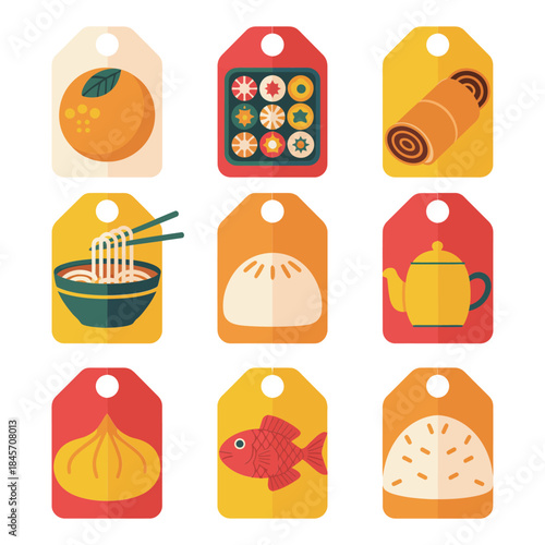 Food market price tag icon collection with vegetables fish bread noodle soup tea grocery label flat vector illustration set