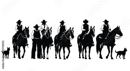 Cowboys and Cowgirls Riding Horses Silhouette Set Vector, Western Riders and Dogs Graphic, Wild West Equestrian Farm Design
