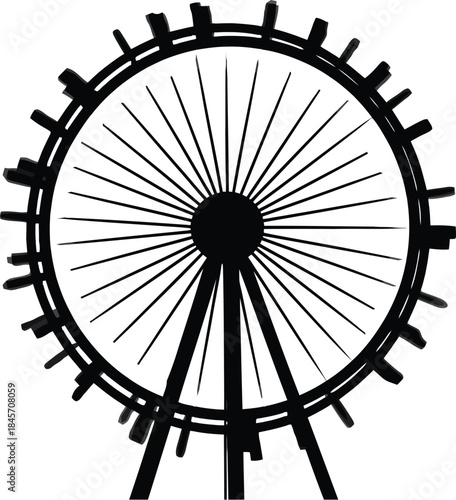 Black and white silhouette of a large observation wheel spinning rapidly creating a motion blur effect against a stark white background