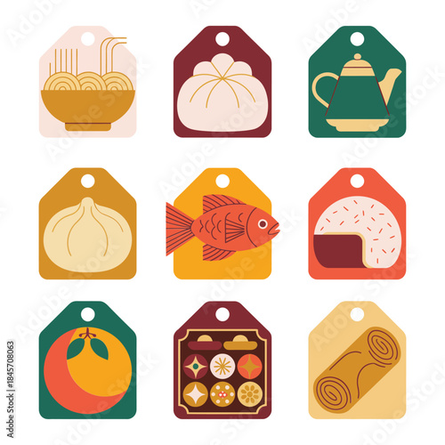 Bakery and grocery price tag icon collection with bread fish tea fruit market sale flat vector illustration set