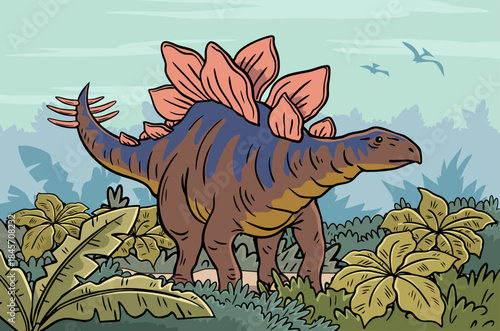 Stegosaurus dinosaur walking among prehistoric jungle plants