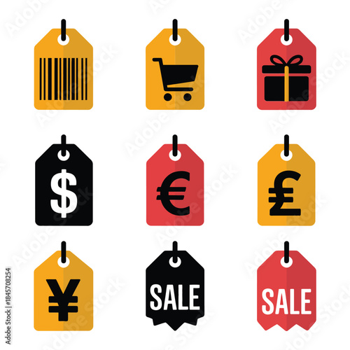 Currency and sale price tag icon collection with dollar euro yen symbols shopping discount retail flat vector illustration set