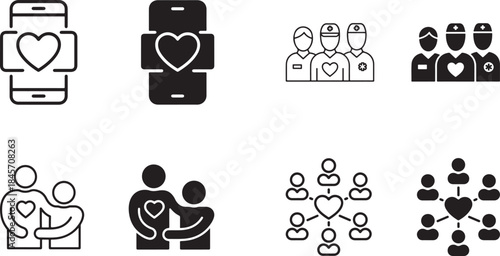 Modern digital health technology and social community care concepts presented in a simple icon set