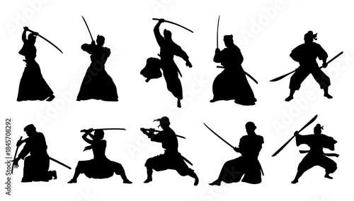 Samurai Silhouette Set. Traditional Warrior with Katana Poses Vector Collection